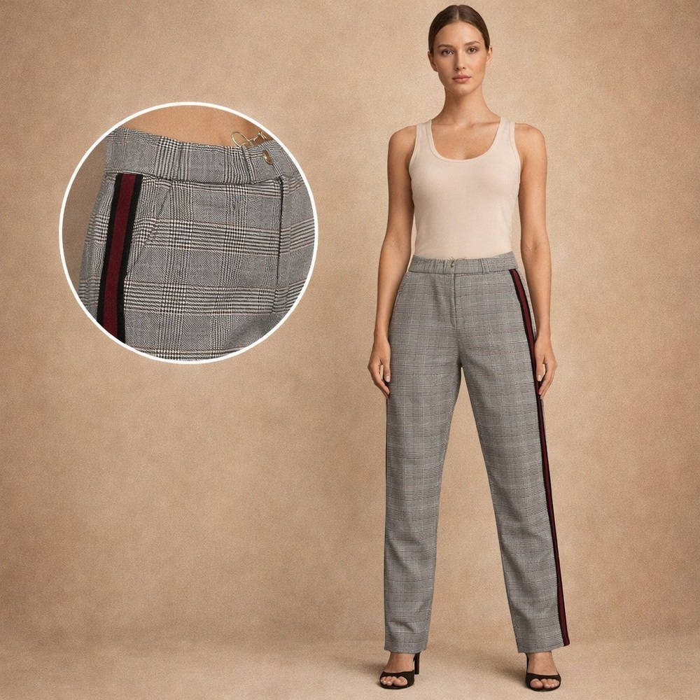 Zara Trafaluc Plaid Pants Red Side Stripe Tailored Chic Trendy Style